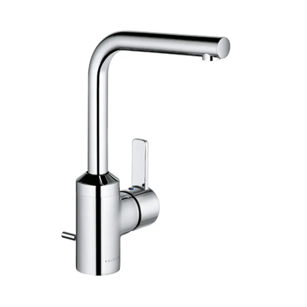 Chromfarbener Wasserhahn von Kludi mit einem langen Auslauf und einem seitlichen Hebel für die Temperatur- und Mengenauswahl, montiert auf einer glatten Oberfläche.